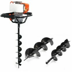 WILTEC Set Erdlochbohrer Mit 1,4kW Und 52cm³ Benzinmotor, Inklusive 100mm, 150mm Und 200mm Bohrschnecken