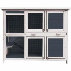 WILTEC Hasenstall Mit Zwei Ebenen & Treppe, Ausziehbarer Boden, Aus Holz, Grau